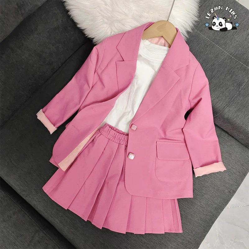 LEZONKIDS - Custom Kids Two-Piece Set Pleated Cotton Blazer Dot Pattern Girls Skirt for 2-14 Year Olds